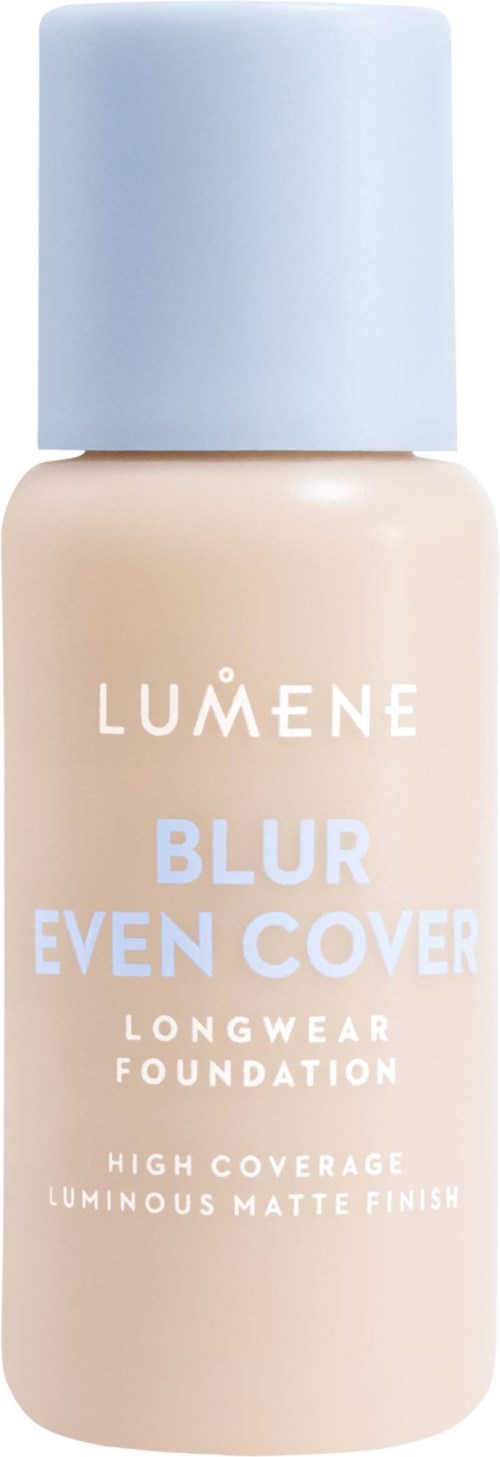 A bottle of Lumene foundation called Blur Even Cover, with a white cap and beige liquid inside.