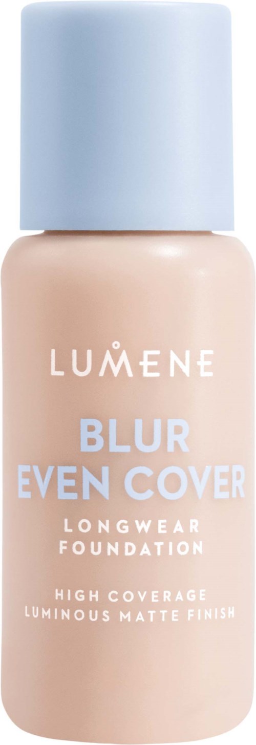 A bottle of Lumene Blur Even Cover foundation with a light blue cap and beige body.