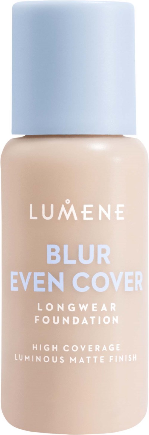 Bottle of Lumene Blur Even Cover foundation with a light blue cap and beige liquid inside.