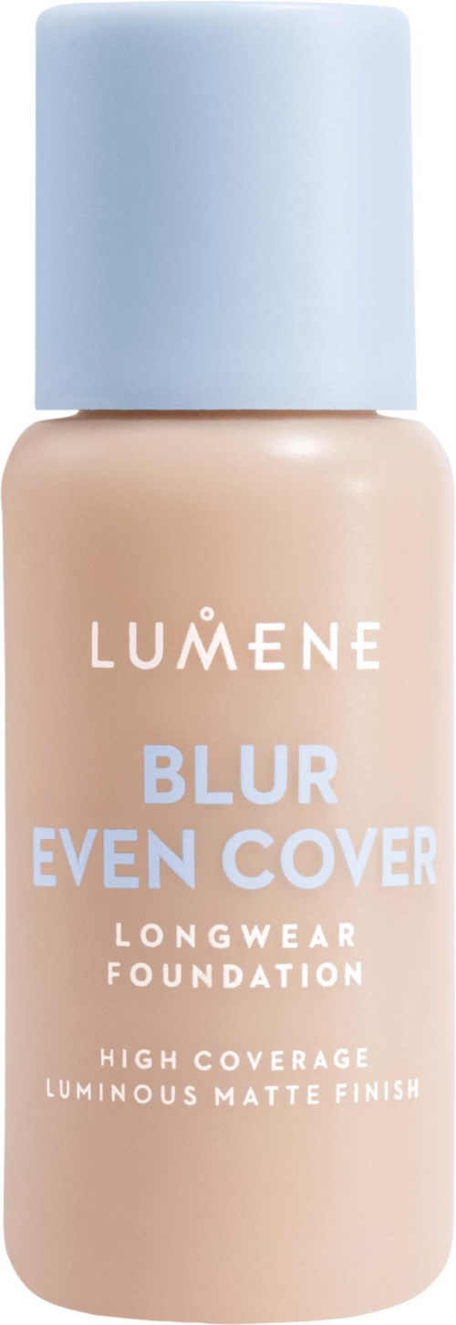 A beige foundation bottle with a white cap, labeled LUMENE Blur Cover Longwear Foundation.