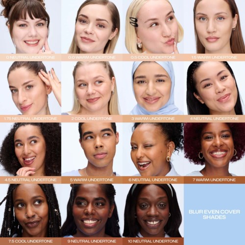 A chart displays different skin tone shades from cool to warm, labeled with numbers and descriptions, including cover shades.