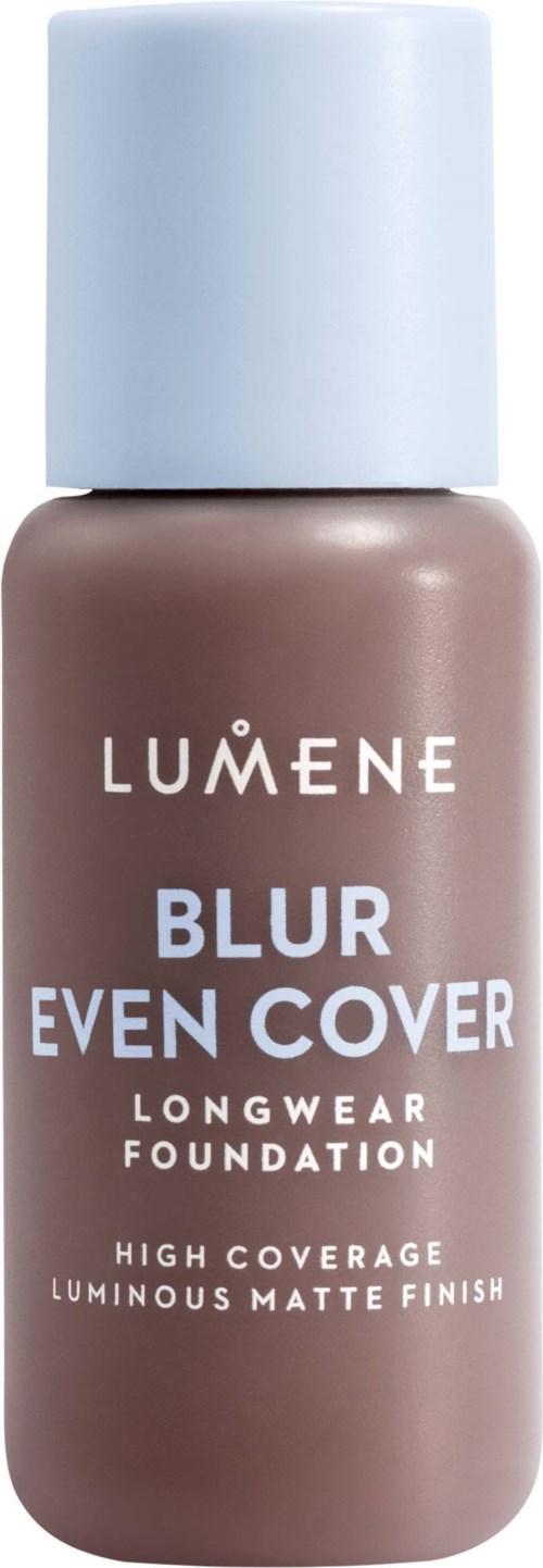 A bottle of Lumene Blur Even Cover foundation with a light blue cap and brown liquid inside.