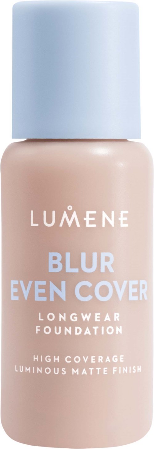 A bottle of Lumene Blur Evencover foundation with light-colored label and white cap.