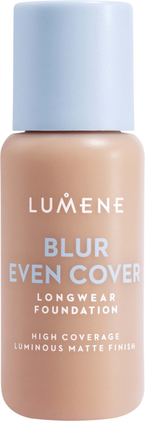 Luminé Blur Even Cover foundation bottle, beige color, with a light blue cap, designed for high coverage and matte finish.