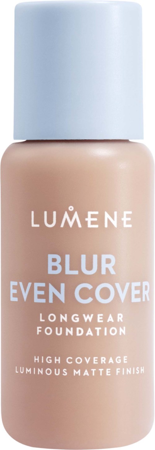 A bottle of Lumene Blur Even Cover longwear foundation, in a beige shade with a white cap, for high coverage. 