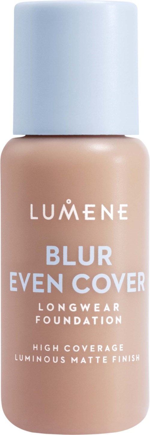 A beige foundation bottle with a white cap labeled 'Lumene Blur Even Cover.'