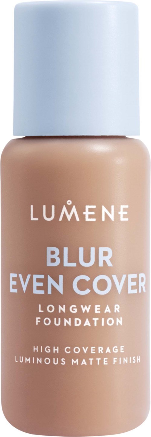 A bottle of Lumene Blur Even Cover foundation with a light beige liquid inside and a white cap.