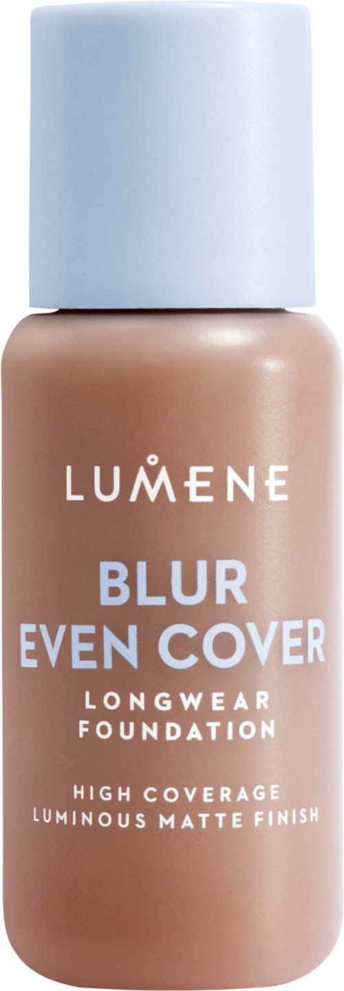 A bottle of Lumene Blur Even Cover foundation with a blue cap and brown liquid inside.