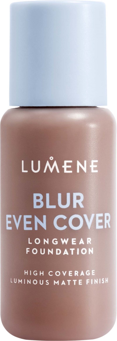 LUMENE Blur Even Cover Foundation, beige bottle, white cap, longwear, high coverage, matte finish.