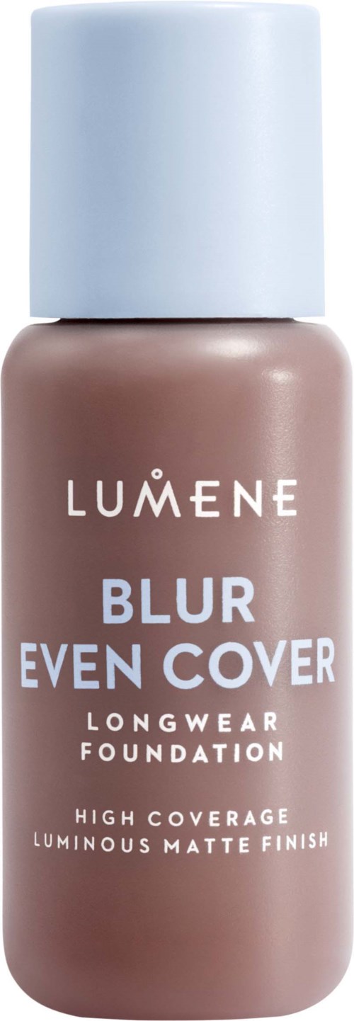 A bottle of Lumene Blur Even Cover foundation with a beige liquid inside and a white cap.