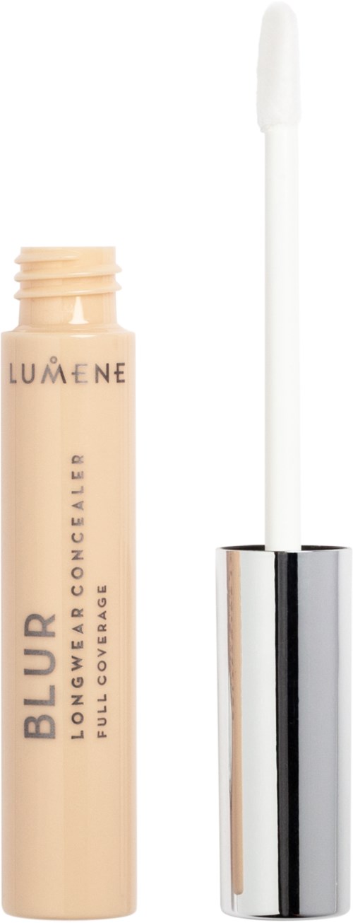 Beige Tube mit weißem Applikator, beschriftet 'LUMENE BLUR LONG WEAR CONCEALER' für Make-up.