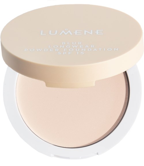 Et beige kompaktpulver med lokk som sier Lumene Long Wear Powder Foundation SPF 15.