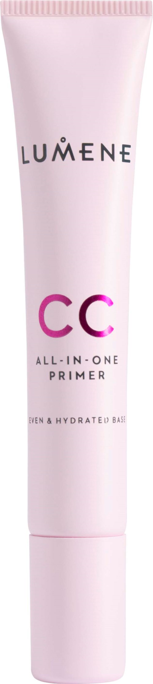 En lyserød tube mærket Lumene CC All-in-One Primer, designet til at forberede og glatte huden til makeup.