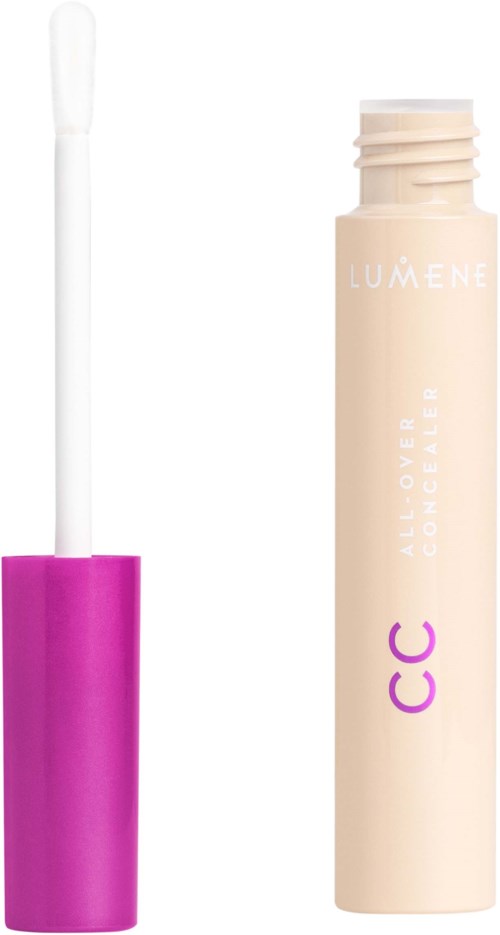 En beige flaska med en lila logga och en vit applikator. Produkten är Lumene All Over Concealer CC.