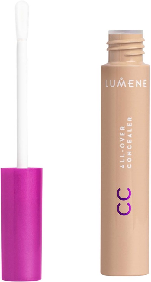 Lumene All-Over Concealer -putki, jossa on aplikaattori. Putki on beigenvärinen ja korkki violetti.