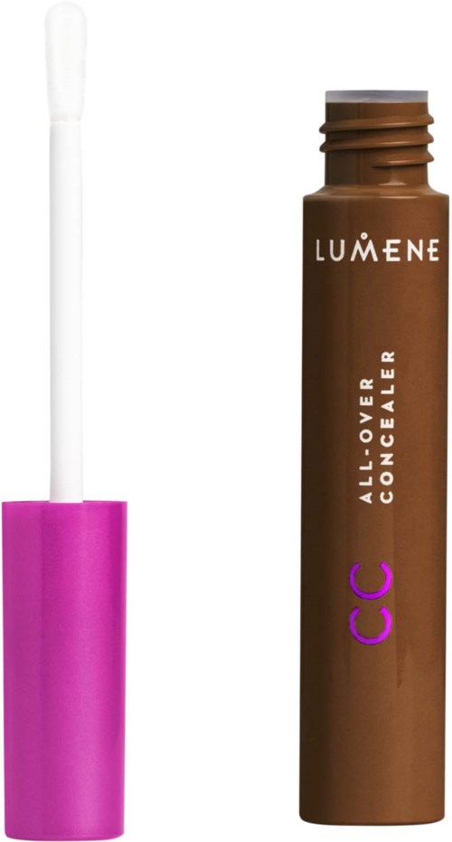 En läppglansetub med applikatorstift, bredvid en brun flaska märkt Lumène All-Over Concealer.