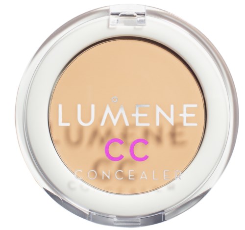 Kierrekokoiset Lumene CC Concealer -rasia, jossa beigeväri sisällä ja läpinäkyvä kansi, jossa logo.