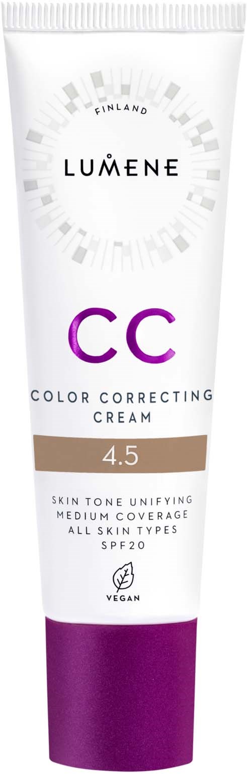 Een witte tube Lumene CC-cream met paarse en beige accenten, gelabeld voor huinton en dekking, SPF20, veganistisch.