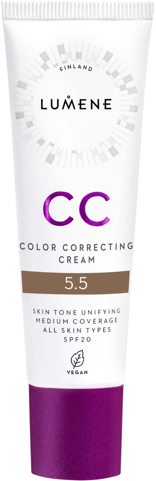 En hvit tube merket Lumene CC Color Correcting Cream, SPF 20, for alle hudtyper, med lilla nederst.