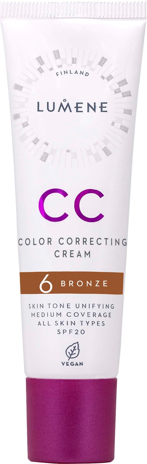 En tub med Lumene CC Color Correcting Cream, bronzefärg, för jämn hudton, SPF20, vegansk, och passar alla hudtyper.