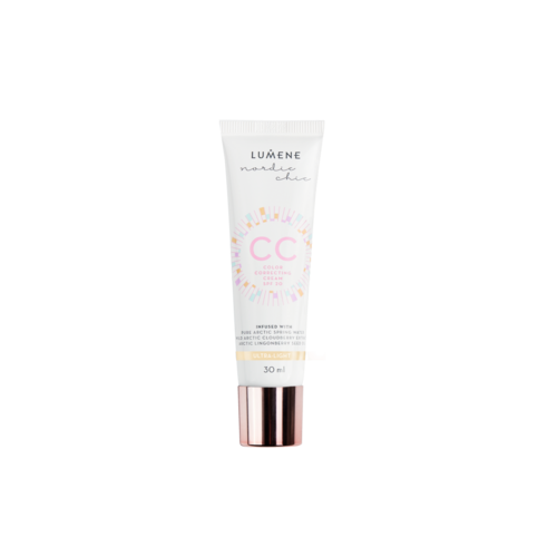 En tub med Lumene Nordide Chic CC-kräm med 30 ml kapacitet, vit med färgglad design och roséguldig topp.