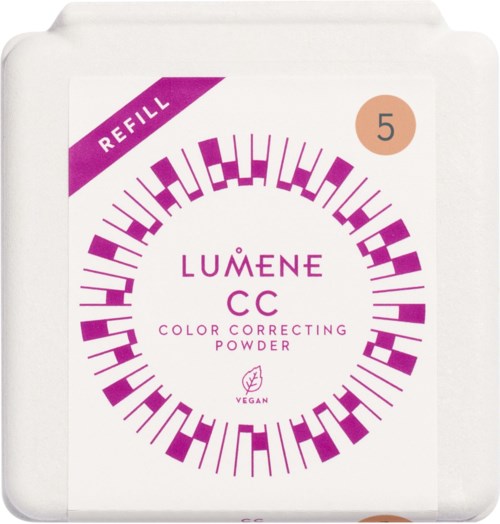 A refill package for Lumene CC Color Correcting Powder, with purple and white packaging and product details.