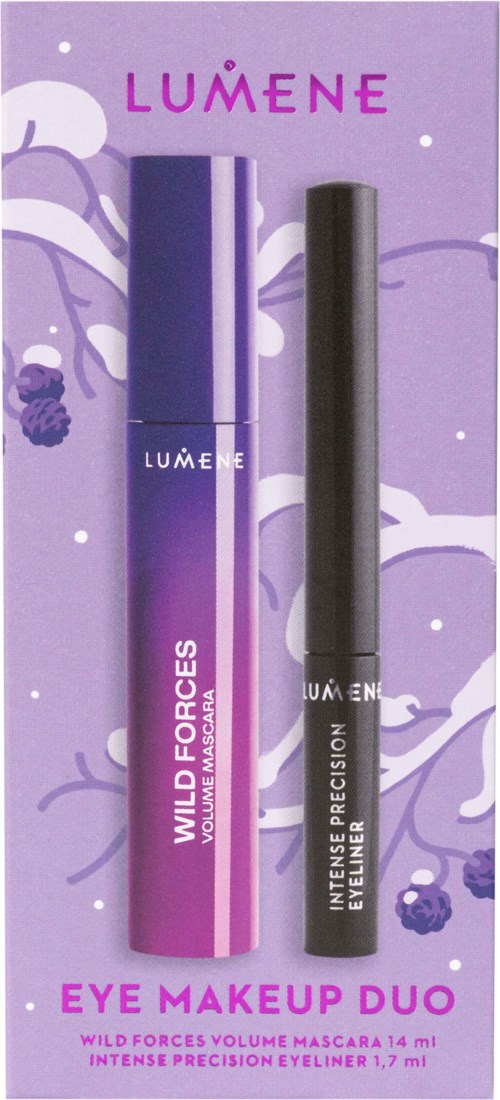 En lilla og svart fargeskala for maskara og eyeliner-produkter på lilla bakgrunn med blomster.