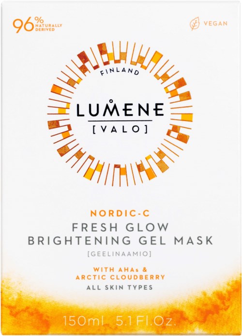 Et hudpleieprodukt med lyse gule-orange farger, en frisk glød gelmaske for alle hudtyper.