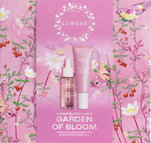 Verpakking van Lumene Garden of Bloom huidverzorgingsproducten, inclusief serum en vochtinbrengende crème, op een roze bloemenachtergrond.