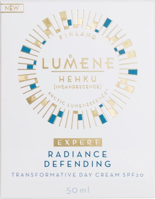 En förpackning för Lumene hudvårdsprodukt med guld- och blå detaljer, nämner lyster och skydd av huden, innehåller 50 ml.