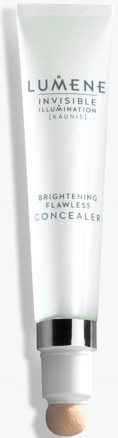 En vit tub med Lumene underlagskräm med svarta och silverdetaljer, märkt "Brightening Flawless".