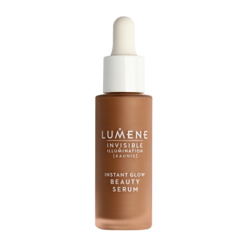 Brązowa butelka z białą pipetą zawiera Lumene's Instant Glow Beauty Serum.