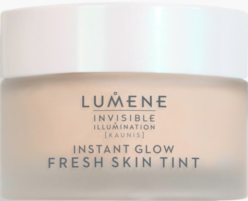 A beige jar with a white lid, labeled as Lumene Instant Glow Fresh Skin Tint for bright, even skin.