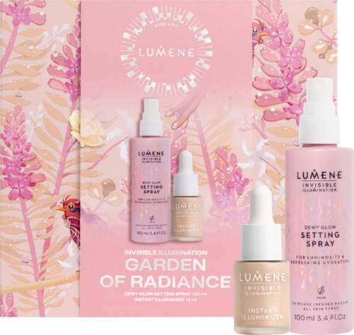 Zestaw produktów pielęgnacyjnych Lumene w różowych opakowaniach na tle kwiatowym, w tym spray utrwalający i serum.