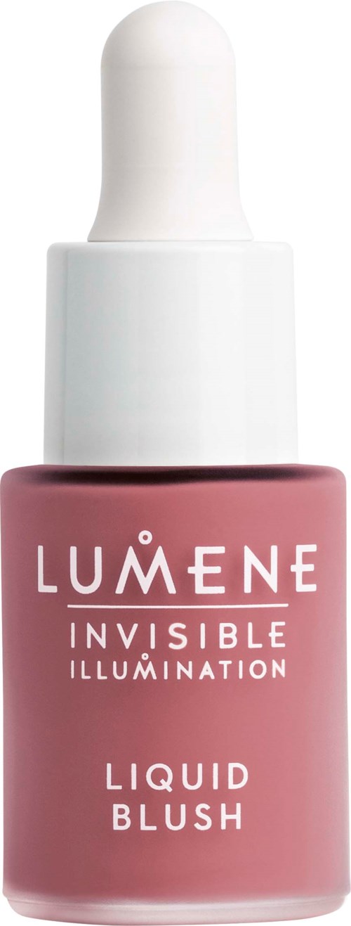 En liten rosa flaska med vit pipettkork märkt Lumene Invisible Illumination Liquid Blush.