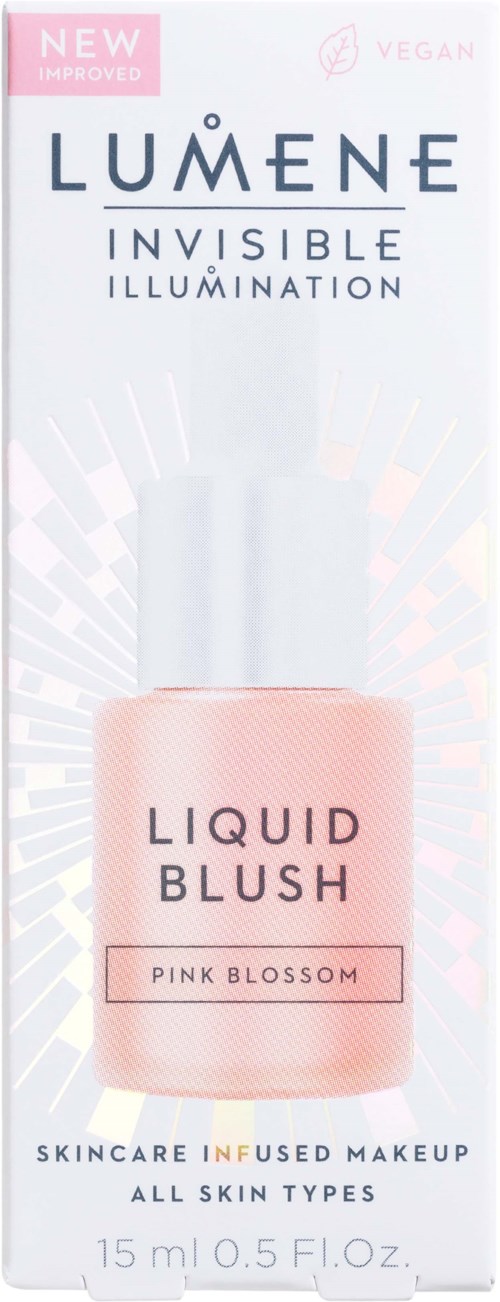 Flydende rosa blush i flaske; emballagen fremhæver hudpleje til alle hudtyper; mærket som vegansk og forbedret.