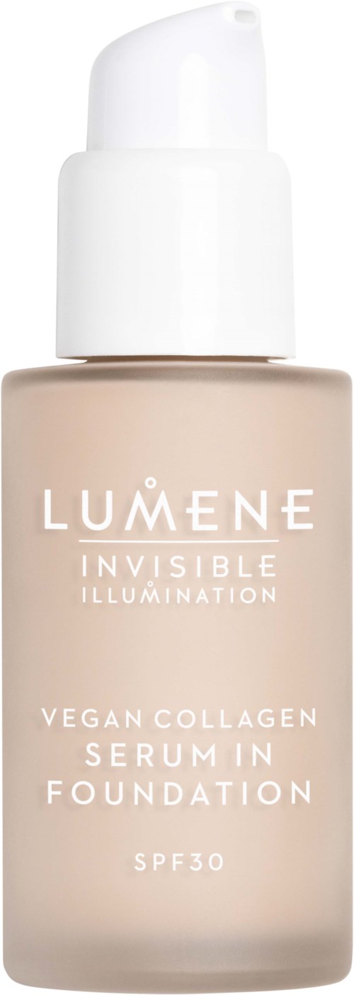 Beige meikkivoidesäiliö valkoisella pumpulla ja etiketillä, jossa branding ja SPF30 suoja.