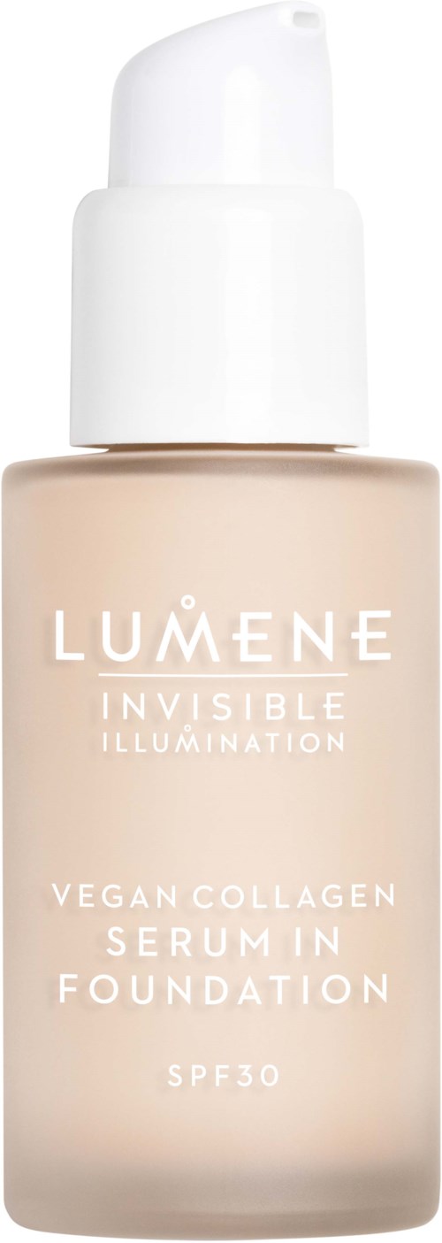 En beige foundationflaska med vit pump, märkt Lumene Invisible Illumination veganskt kollagenserum SPF30.