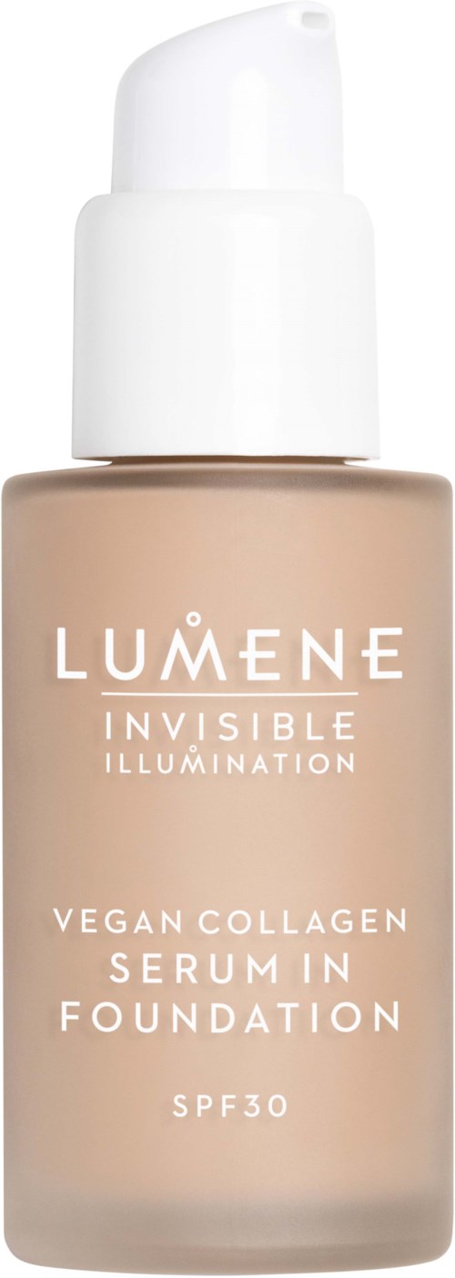 En beige foundationflaska med pump, märkt Lumene Invisible Illumination Vegan Collagen Serum in Foundation SPF30.