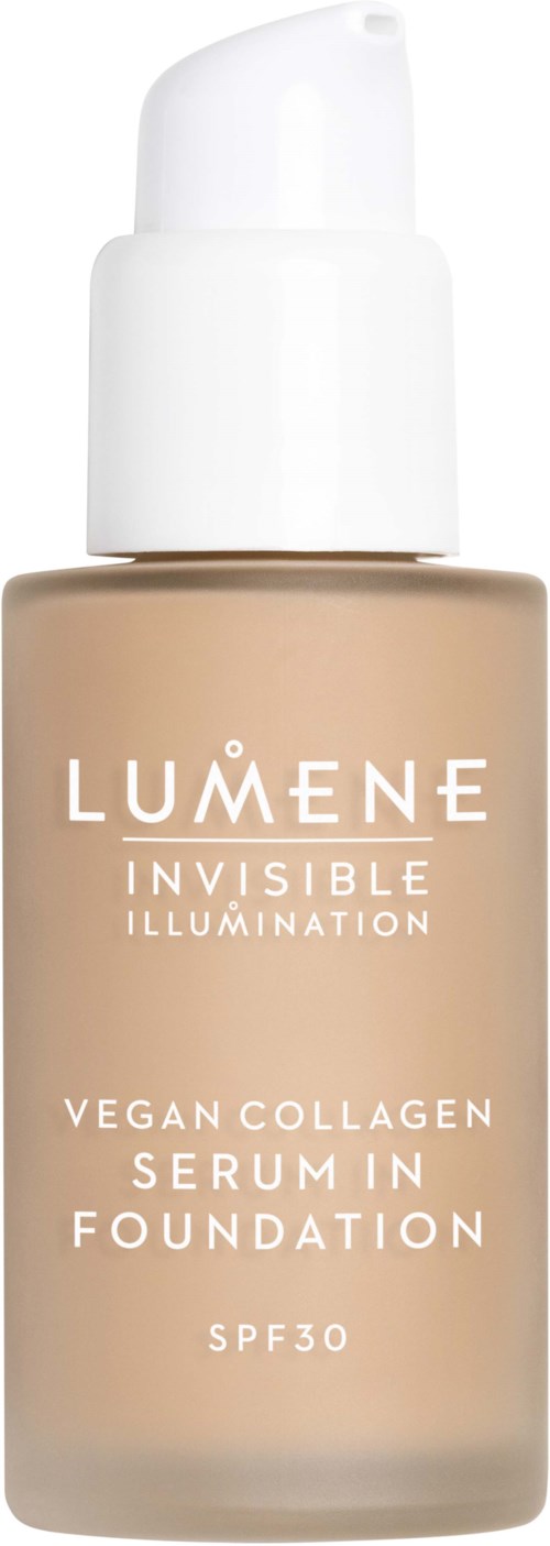 En flaska Lumene Invisible Illumination veganskt kollagenserum med SPF 30. Vit pump, beige vätska.