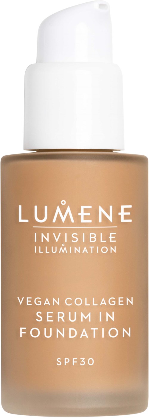 En flaska Lumene vegansk kollagen serumgrundering med SPF 30, i beige färg, med vit pump och etikett.