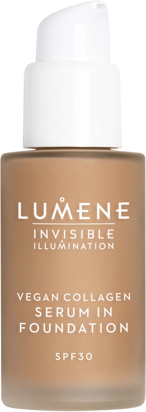 En beige flaska med Lumene Invisible Illumination veganskt kollagenserum med vit pump och SPF30.