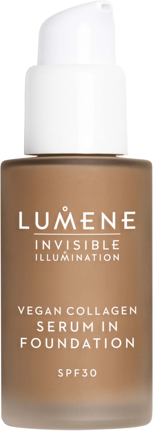 En brun flaska med Lumene Invisible Illumination vegansk collagen serum med SPF30.
