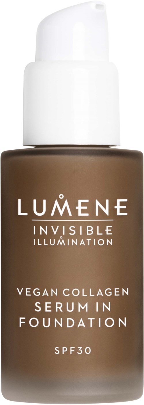 En flaska Lumene veganskt kollagen serum med SPF30, brunt med vit text och pump.