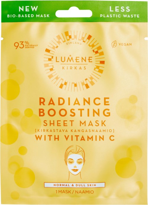 Lysende gul pakke med grønt øverst, orange tekst og ansiktsillustrasjon, som fremmer lysere hud med Vitamin C.