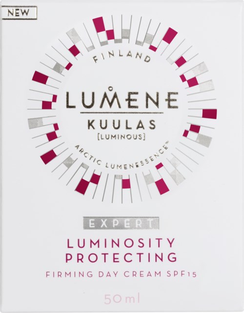 En förpackningsetikett för Lumene Kuulas ljus dagkräm, med en rund design och rosa och grå accenter. Den nämner solskydd.
