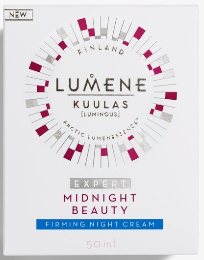 Ett produktpaket för Lumene Kullas Midnight Beauty firmande nattkräm, med en cirkulär grafisk design och produktuppgifter.