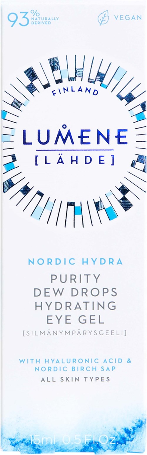 Ett kosmetikproduktmärke för Lumene Nordic Hydra Purity Eye Gel, med blå och vit design och viktiga produktdetaljer.