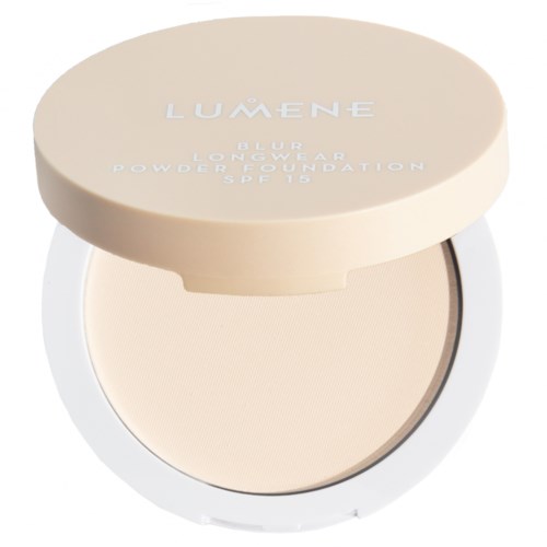 Lumene blur puderfoundationskräm med SPF 15 i en rund behållare, delvis öppen som visar ljusfärgad puder.
