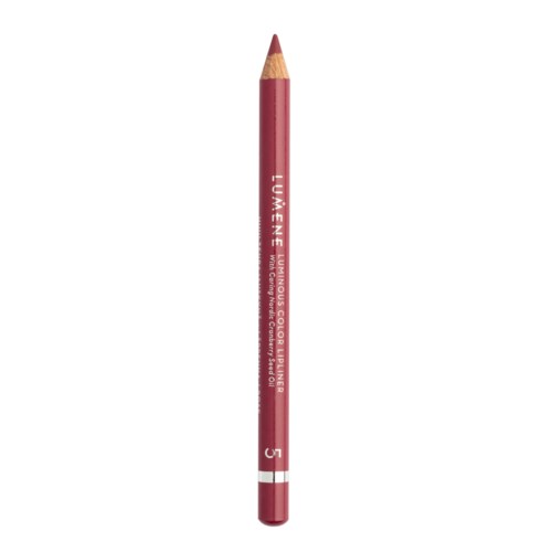 Punainen huultenrajauskynä, jossa valkoinen teksti, nimeltä "Luminous Color Lip Liner" ja numero 5.